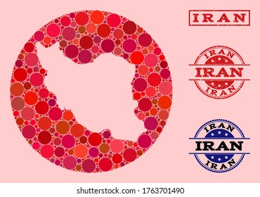 Vector map of Iran collage of round elements and red scratched seal. Subtraction round map of Iran collage designed with circles in different sizes, and red color tones.