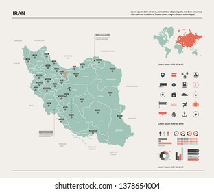 Vector map of Iran.  High detailed country map with division, cities and capital Tehran. Political map,  world map, infographic elements. 