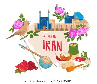 A vector map of Iran with landmarks and Islamic symbols. The Shah Mosque and the national musical instrument Kamancheh. A Persian rose and a nightingale, pomegranate. The traditional dish Dizi.
