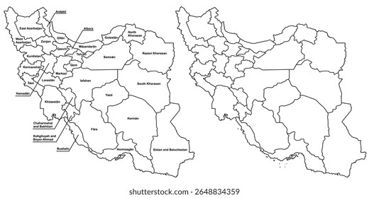 Mapa vetorial do Irã em estilo Outline com bordas de região e nomes isolados no fundo branco Editável EPS File for Educational Design