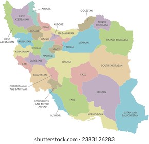 Vector map of Iran with provinces and administrative divisions. Editable and clearly labeled layers.