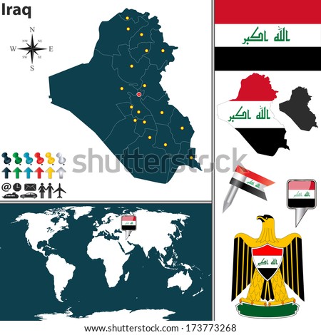 Vector map of Iraq with regions, coat of arms and location on world map