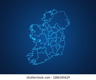 Vector map of Ireland abstract blue line scales on dark background.