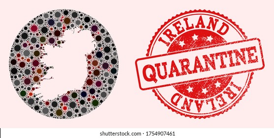 Mapa vectorial del collage de coronavirus en la isla de Irlanda y foco de cuarentena de grunge rojo. Células de infección alrededor del territorio de cuarentena desde el espacio.