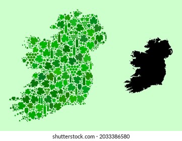 Vector Map of Ireland Island. Composition of green grapes, wine bottles. Map of Ireland Island mosaic designed with bottles, grapes, green leaves.