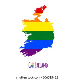 Vector map of Ireland in LGBT (lesbian, gay, bisexual, and transgender) flag colors and GAY Ireland caption on white background. Rainbow flag with denim textile texture.