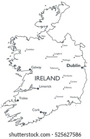 Vector map of Ireland | Monochrome contour map with city names