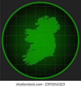 Vector map Ireland on the radar screen with a green grid. Template Europe country on monitor radar for pattern, report, background. Technology concept boundary Ireland for news, infographic, army