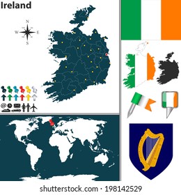 Vector map of Ireland with regions, coat of arms and location on world map