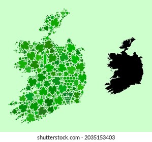 Vector Map of Ireland Republic. Collage of green grape leaves, wine bottles. Map of Ireland Republic collage designed with bottles, grapes, green leaves.