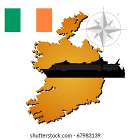 Vector map of  Ireland  with a silhouette of the ship and the flag