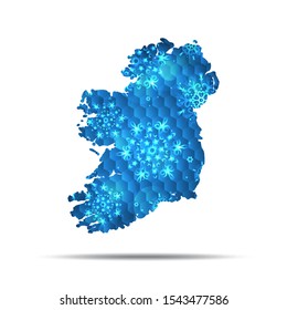 Vector map of Ireland with snowflakes. Winter illustration for your design