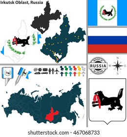 Vector map of Irkutsk Oblast with coat of arms and location on Russian map