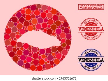 Vector map of Isla La Tortuga collage of circle items and red watermark seal stamp. Hole round map of Isla La Tortuga collage formed with circles in various sizes, and red color tints.