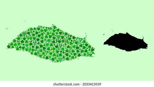 Vector Map of Isla La Tortuga. Combination of green grape leaves, wine bottles. Map of Isla La Tortuga mosaic composed with bottles, grapes, green leaves.