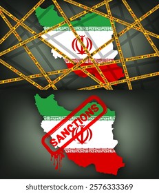 Vector map of Islamic Republic of Iran in colors of national flag. Yellow prohibitory tapes with inscription sanctions. Political economic banner. Prohibition and crisis. Stamp