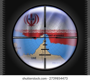 Vector map of Islamic Republic of Iran in colors of national flag and Strait of Hormuz. Black military optical sight. Aim. Reflections. Iranian