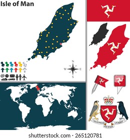 Vector map of Isle of Man with coat of arms and location on world map