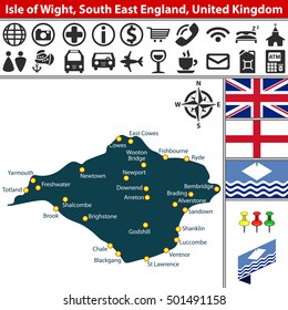 Vector map of Isle of Wight, South East England, United Kingdom with regions and flags