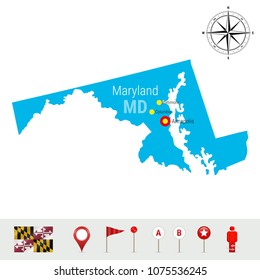 Vector Map Isolated on White Background. High Detailed Silhouette of Maryland State. Vector Flag of Maryland. 3D Map Markers or Pointers, Navigation Elements. Rose of Wind or Compass Icon