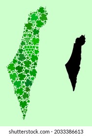 Vector Map of Israel. Mosaic of green grapes, wine bottles. Map of Israel mosaic created with bottles, grapes, green leaves. Abstract collage is designed for wine production doctrines.