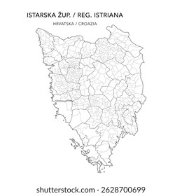 Mapa vetorial do condado de Ístria (Istarska županija ou Regione istriana) com povoações (Naselja) e cidades, cidades (Gradovi) e municípios (Općine) - Croácia 2025