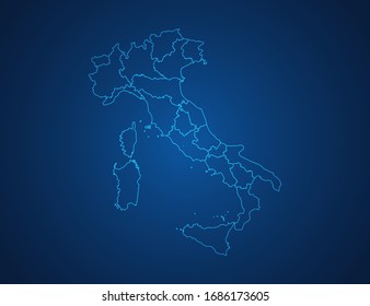 Vector map of Italy abstract blue line scales on dark background.