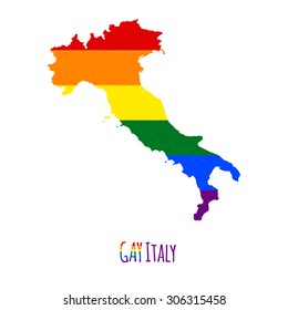 Vector map of Italy in LGBT (lesbian, gay, bisexual, and transgender) flag colors and GAY Italy caption on white background. Rainbow flag with denim textile texture.