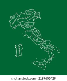 Vector map of Italy line contour silhouette illustration isolated on green background. Italy autonomous communities. Detailed Italian regions administrative divisions, separated provinces. outline map