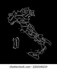 Vector map of Italy line contour silhouette illustration isolated on black background. Italy autonomous communities. Detailed Italian regions administrative divisions, separated provinces. outline map