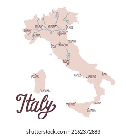 Vector map of Italy with the main cities, rivers and capital.Touristic illustration with Italy map. Isolated on white