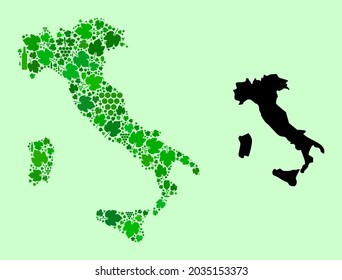 Vector Map of Italy. Mosaic of green grapes, wine bottles. Map of Italy collage created from bottles, grapes, green leaves. Abstract mosaic designed for wine production collages.
