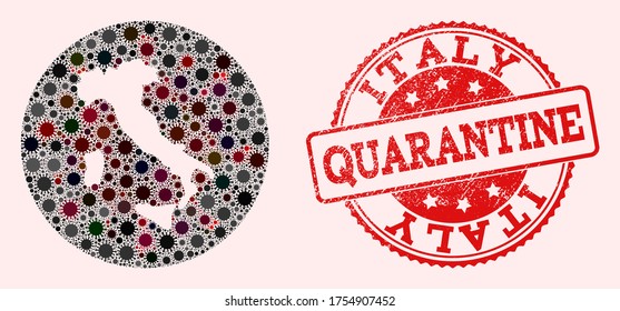 Vector map of Italy mosaic of SARS virus and red grunge quarantine seal. Infection cells attack the isolated territory from outside. Stencil round map of Italy collage composed with infection items.