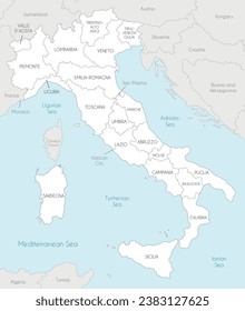 Vector map of Italy with regions and administrative divisions, and neighbouring countries and territories. Editable and clearly labeled layers.