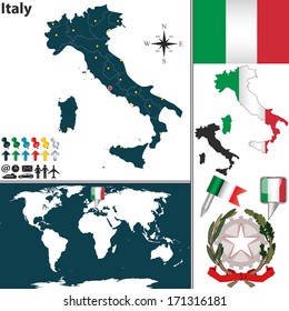 Vector map of Italy with regions, coat of arms and location on world map