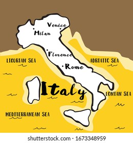 Vector map. Italy map with regions names  on yellow background, Hand drawn illustration