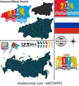 Vector map of Ivanovo Oblast with coat of arms and location on Russian map