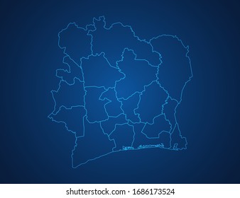Vector map of Ivory Coast abstract blue line scales on dark background.
