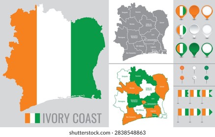 Vector map of ivory coast with flag, globe and icons on white background