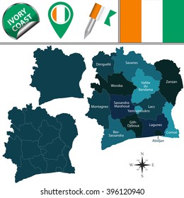 Vector map of Ivory Coast with named districts and travel icons