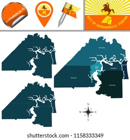 Vector map of Jacksonville, Florida with named neighborhoods and travel icons