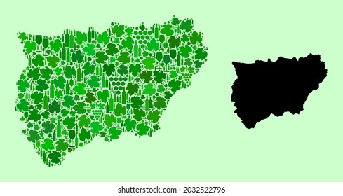 Vector Map of Jaen Spanish Province. Mosaic of green grape leaves, wine bottles. Map of Jaen Spanish Province mosaic composed from bottles, grapes, green leaves.