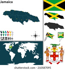 Vector map of Jamaica with regions, coat of arms and location on world map