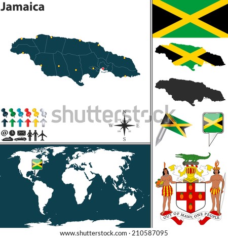 Vector map of Jamaica with regions, coat of arms and location on world map
