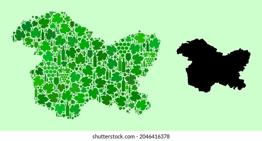 Mapa vectorial del estado de Jammu y Cachemira. Mosaico de hojas verdes de uva, botellas de vino. Mapa del mosaico del estado de Jammu y Cachemira compuesto de botellas, bayas, hojas verdes.