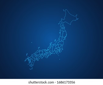 Vector map of Japan abstract blue line scales on dark background.