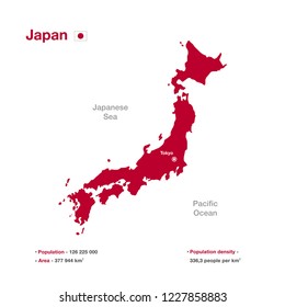 Vector map of Japan with flag and demographic data.