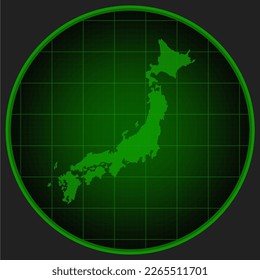 Vector map Japan on the radar screen with a green grid. Template Asia country on monitor radar for pattern, report, background. Technology concept boundary Japan for news, infographic, army