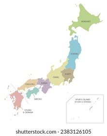 Vector map of Japan with regions and administrative divisions. Editable and clearly labeled layers.