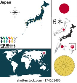 Vector map of Japan with regions, coat of arms and location on world map